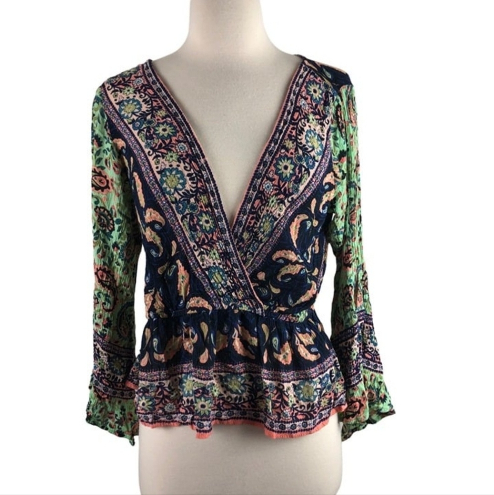 Free People Womens Boho Floral Blouse Blue Green Pink Peach Size Medium